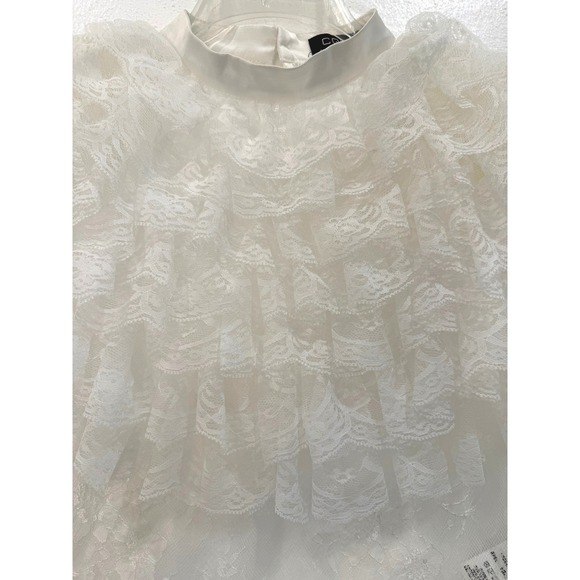 Bloomingdale's CQ by CH Small Off-White Sheer Mesh Lace Ruffle Satin Trim Blouse - Picture 2 of 8